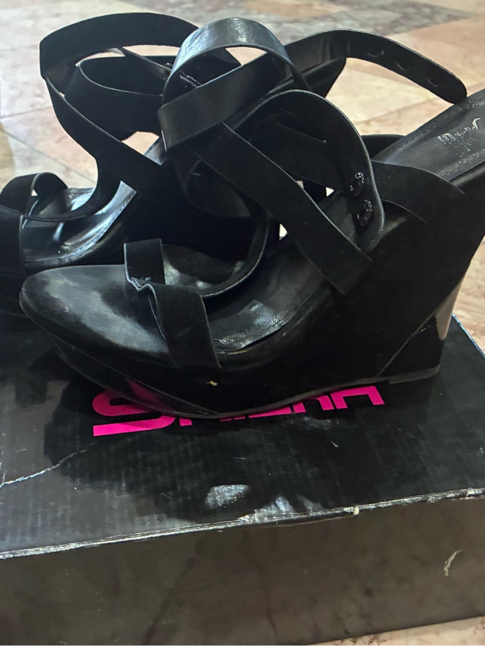 Black Strappy Wedge Sandals - Women